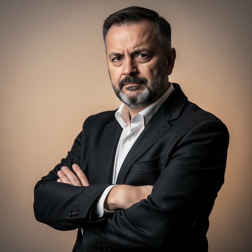 Portrait of a Croatian mystery novelist in his fifties wearing a dark coat