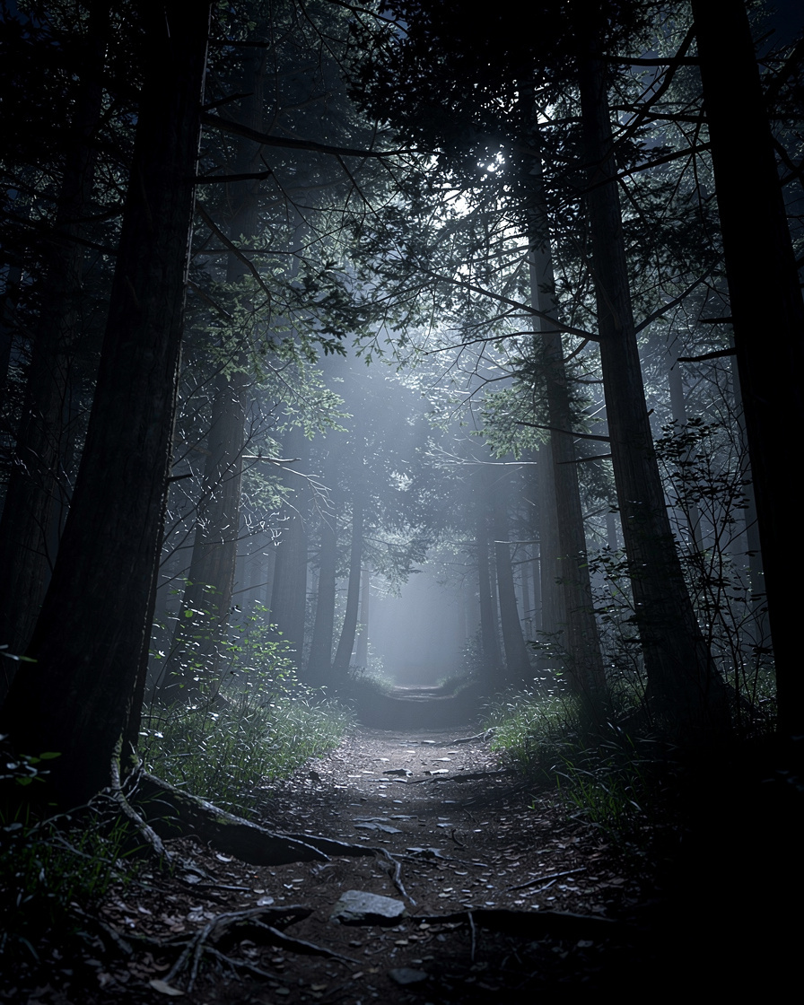 Dense dark forest path illuminated by moonlight