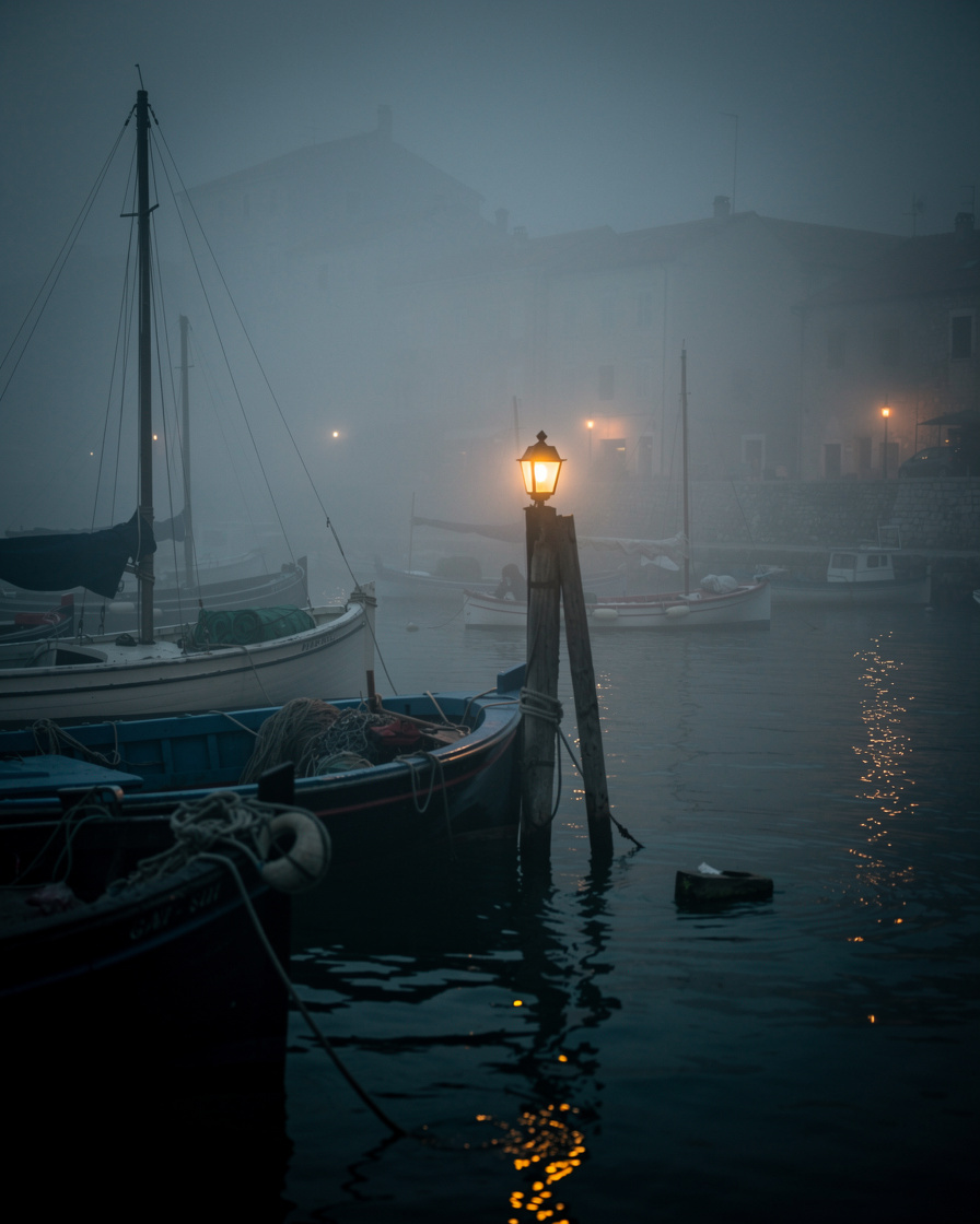 Dark foggy harbour at night with a lit lantern