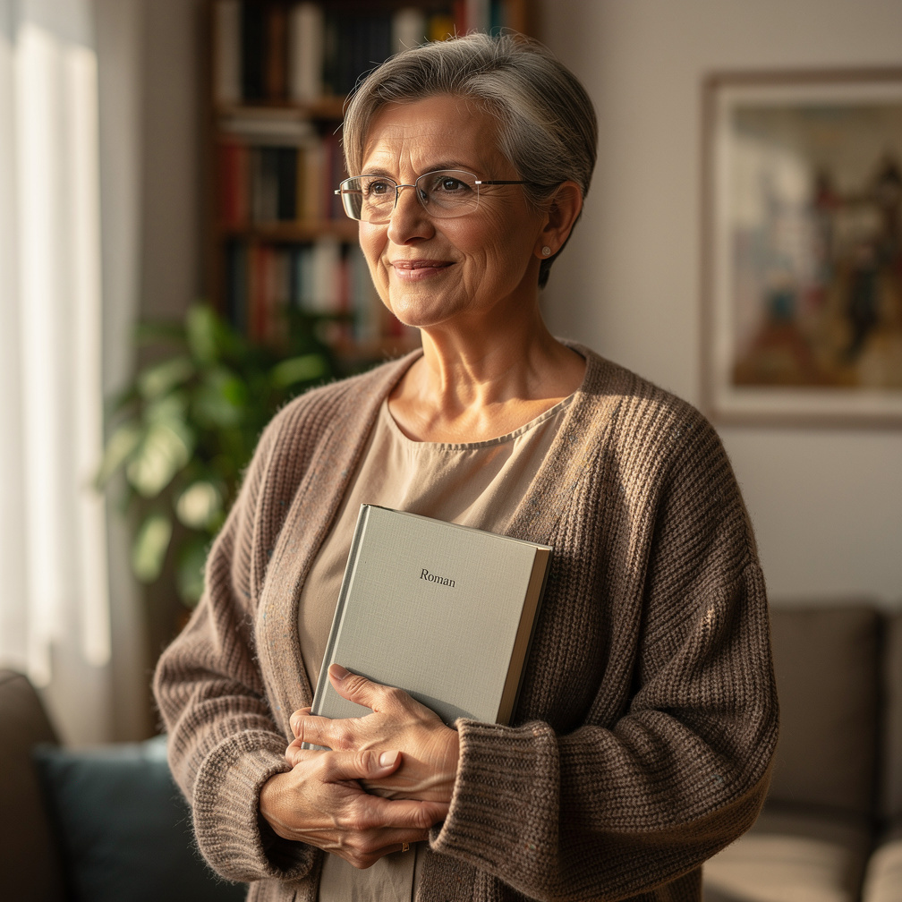 Older Croatian woman smiling while holding a novel