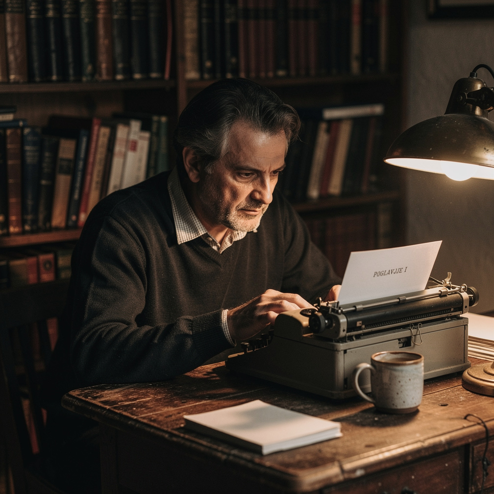 Croatian author writing at a wooden desk with an old typewriter