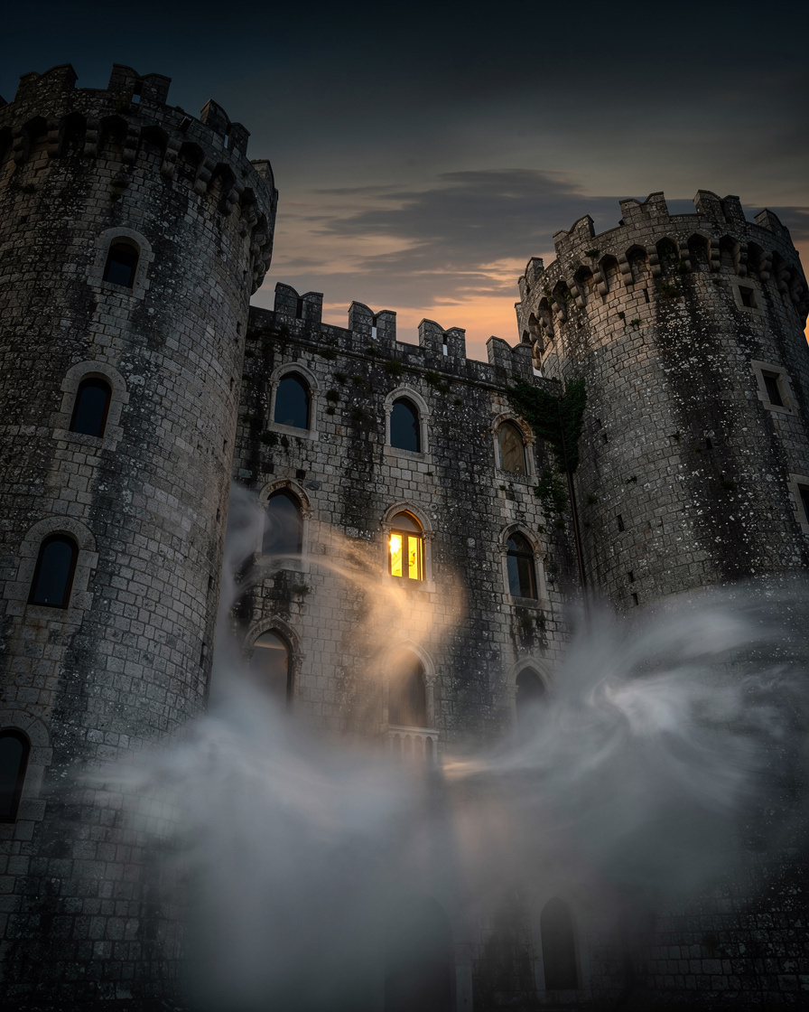 Old Croatian castle shrouded in evening fog