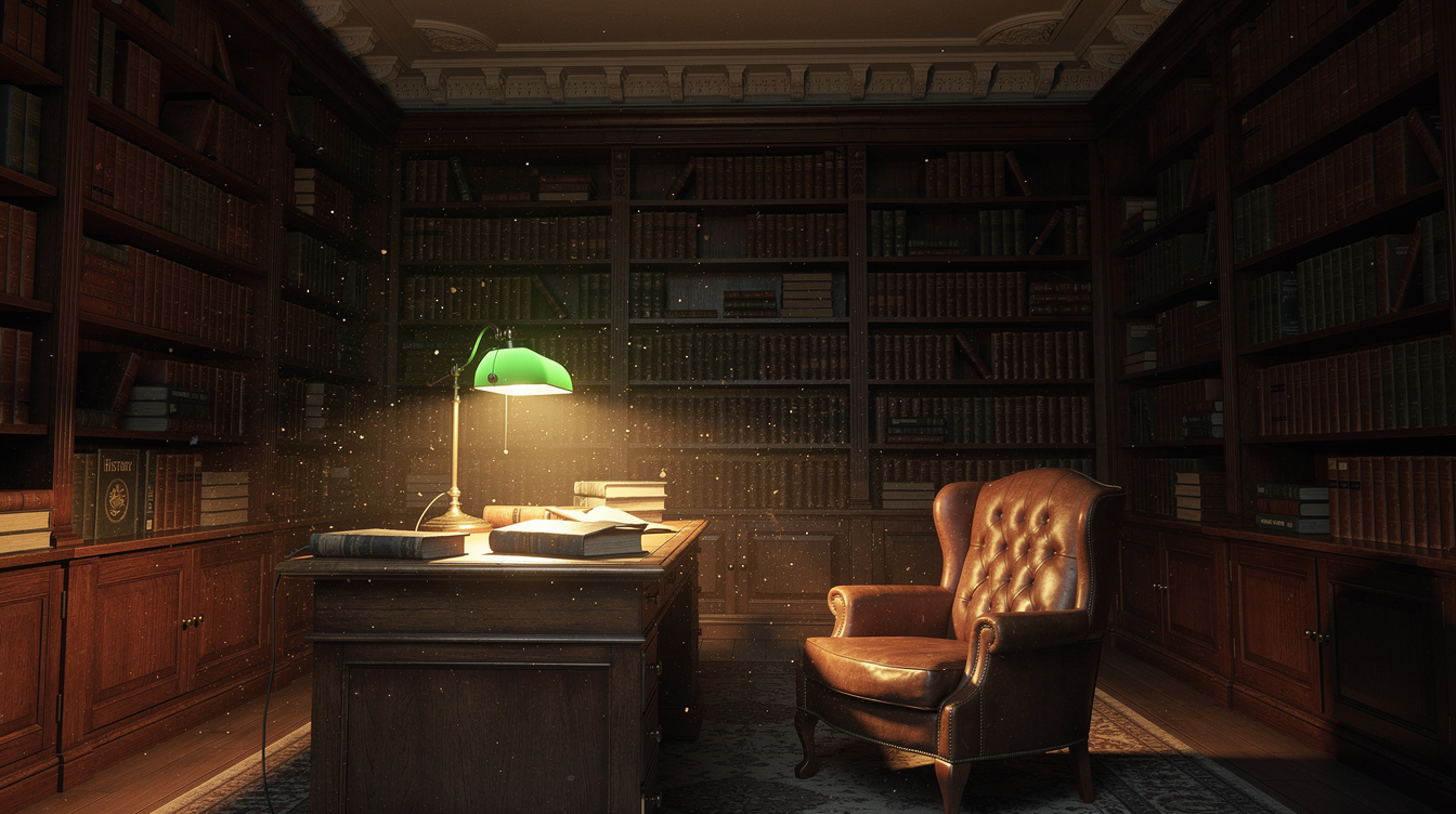 Old library study room with tall bookshelves and warm lamp light