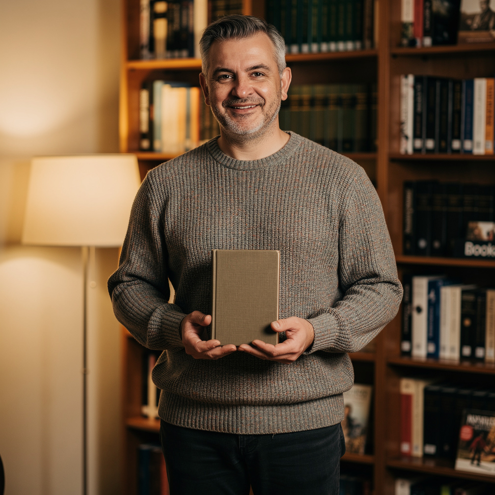 Croatian man in his forties holding a book in a home library