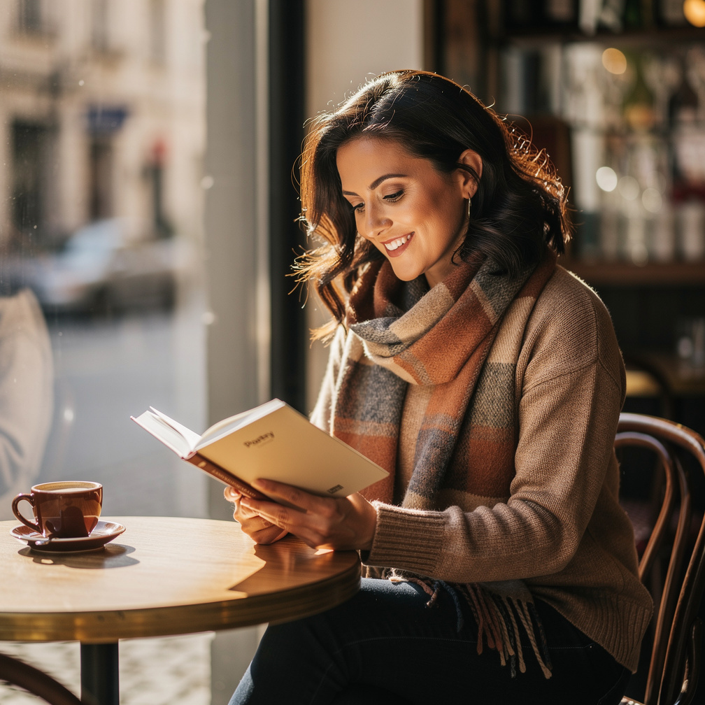 Croatian woman in her thirties reading a book at a café table
